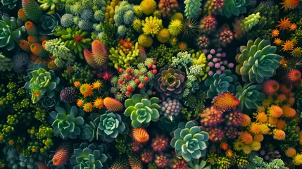 Crédence de cuisine en verre imprimé Cactus A magnificent view from above of the succulent garden, an exotic variety of cacti and succulents, bright textures and colors, botanical diversity, high-resolution nature photos