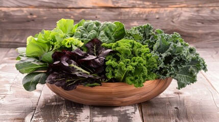 A wooden bowl full of assorted fresh cabbage and kale leaves, showcasing a variety of textures and shades of green on a rustic wood table.