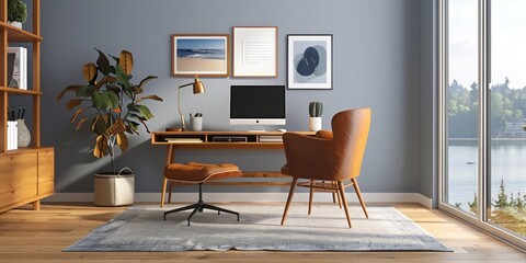 A cozy and well-lit home office with a sleek wooden desk setup, ergonomic chair, and green houseplants enhancing productivity.
