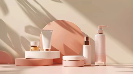 beauty cosmetics product packages mockup. packaging designs for cosmetic presentation. cream jars and tubes, pump bottles, serum flasks, liquid soap, and showcasing luxury brands - obrazy, fototapety, plakaty