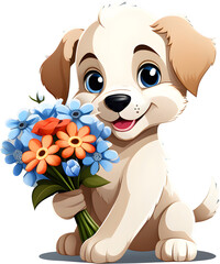A cute puppy sits with a bouquet of flowers. Cartoon character