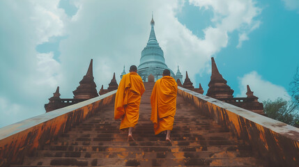Buddhist monk walking on the stairs of pagoda - Powered by Adobe