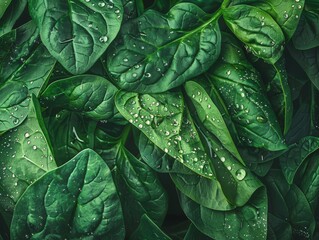 Fototapeta premium Early morning light illuminates dew-kissed spinach leaves, highlighting their fresh, vibrant greenery in a natural garden setting.