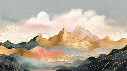 Fototapete Rund Mountain background. Minimal landscape art with watercolor brushes and gold line art texture. Abstract art wallpaper for prints, Art Decor, wall art and canvas prints. © hasan