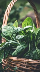 An abundant basket filled with freshly harvested spinach, showcasing vibrant green leaves on a rustic wooden table, symbolizing organic and healthy produce.