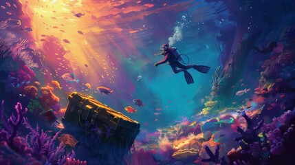 Underwater adventure with diver and treasure chest - obrazy, fototapety, plakaty