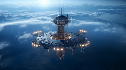 Futuristic Frontier: Aerial View of Space Elevator with Drones Amidst Cosmic Landscape