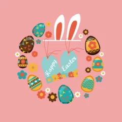Foto op Canvas Easter celebration concept in flat style. Easter bunny ears with easter eggs on a colored background. Stylish illustration for holiday decoration. © Elena ART