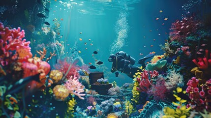 Fototapeta na wymiar Underwater adventure with diver and treasure chest