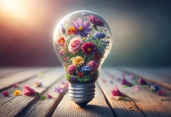 a light bulb filled with a beautiful collection of flowers - obrazy, fototapety, plakaty