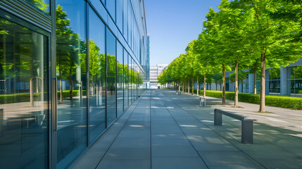 empty street in modern city with glass wall and green trees in foreground