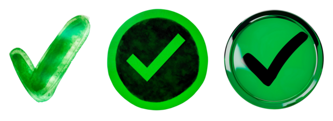 Green check mark and cross icon set. Circle and square. Tick symbol in green color. Isolated on a transparent background.