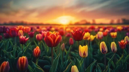 Foto op Aluminium Field of colorful tulips red tulips field many red flowers spring flowers field tulip red tulips yellow tulips pink flowers field  © YauheniyaA