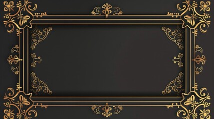 Thin vintage gold frame for your design. Vintage cover. Place for text. Vintage beautiful rectangular frame on black - obrazy, fototapety, plakaty