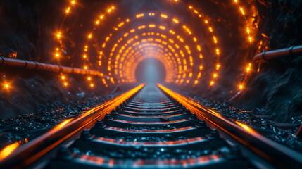 Futuristic railway tunnel with orange warm lights