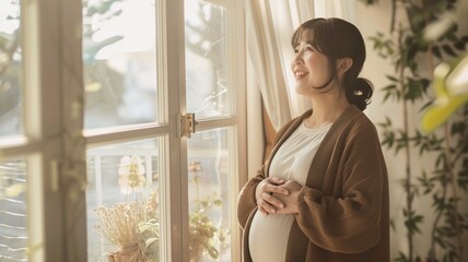 Pregnant woman touching her belly and smiling while standing near window at home - obrazy, fototapety, plakaty