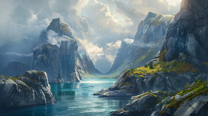 Norwegian seascape, rocky coast with dramatic skies. - obrazy, fototapety, plakaty