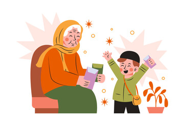 Eid Mubarak Activity Concept Illustration. Boys receive eid angpao from grandma illustration. 