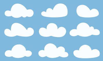 Set of flat cartoon clouds. Hand drawn white clouds on a white background. Cloudy weather symbol. Vector illustration, clipart.