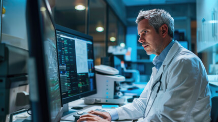 A doctor stands upright in front of a computer monitor screen seriously, studying data and analyzing patient test results, Ai Generated Images