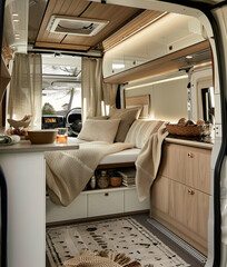 A van interior with a lot of storage for a couple of people. In the style of wood, white, and bronze. - obrazy, fototapety, plakaty