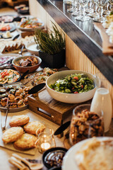 Cattering buffet with wooden table ready to serve
