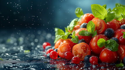 Vivid Fruits Making a Splash with Droplets of Water, a Symbol of Freshness.