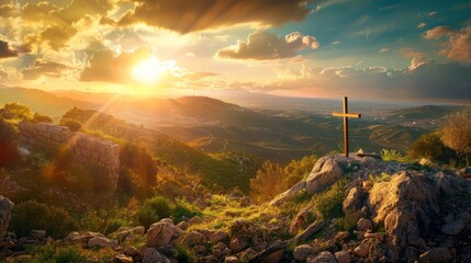 Serene sunrise behind a Christian cross on hill