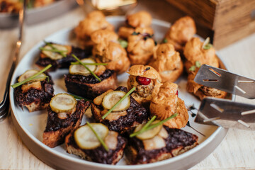 Cattering buffet with wooden table ready to serve