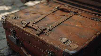 Old brown retro suitcase locked.
