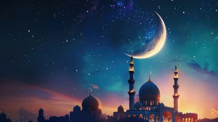 Mosque with a beautiful sky in background, New Moon of Month, Islamic backgrounds. - obrazy, fototapety, plakaty