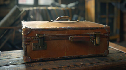 Old brown retro suitcase locked.