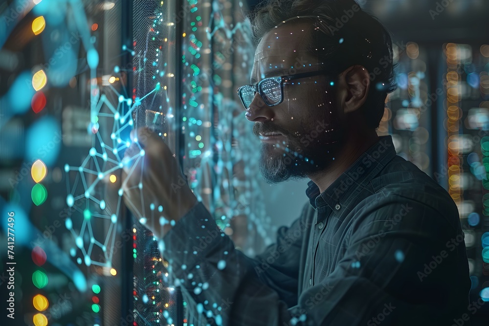 Poster tech professional brings a futuristic server online with holographic display in a digital data cente
