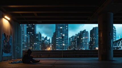 Solitary Figure Experiencing Homelessness Under City Lights. - obrazy, fototapety, plakaty