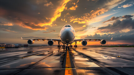 Airplane in the airport at sunset. Business travel and transportation concept - obrazy, fototapety, plakaty
