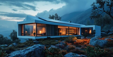 Modern house with solar panels on the roof on a mountain. Created with generative AI. - obrazy, fototapety, plakaty