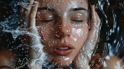 Fototapeta na wymiar Girl washing her face, facial beauty, beauty product, facewash, healthy skin, splashing water.