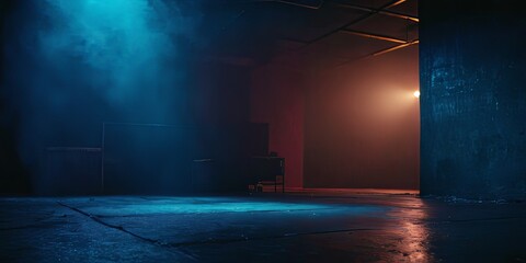 A dark empty street, dark blue background, an empty dark scene, neon light, spotlights The asphalt floor and studio room with smoke float up the interior texture. night view