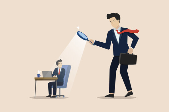 Micromanaging boss, excessive supervision and control of employee work, micromanager boss using magnifying glass keep looking at employee working.