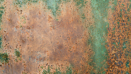 Fototapeta premium Aged copper plate texture with green patina stains. Old worn metal background.