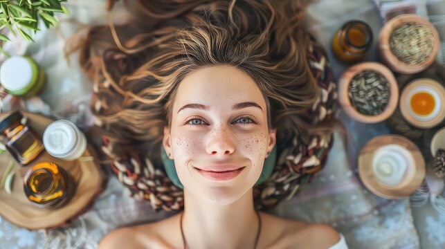 Skin care products advertisement posters, girl laying down with skin products on sides.