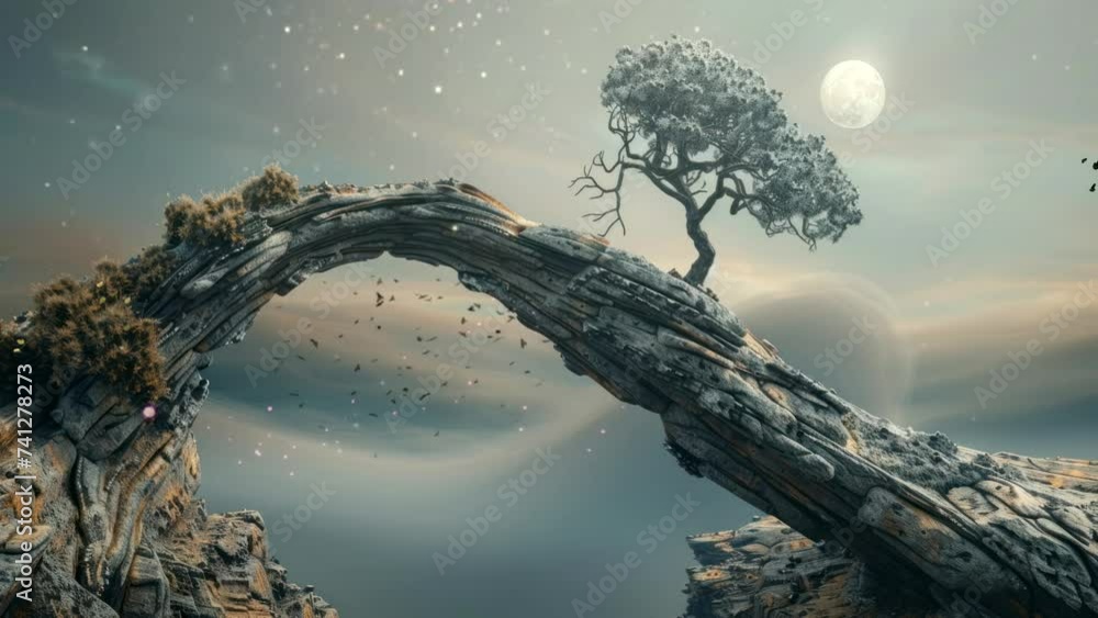 Wall mural a tree that grows on rocks on the edge of a cliff. seamless looping time-lapse virtual 4k video anim