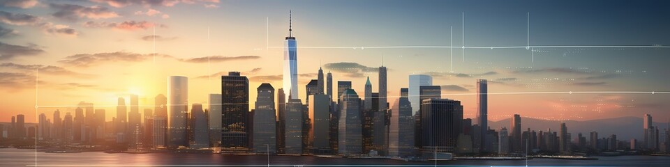 A rising stock trend projected on a transparent screen against an urban skyline at sunset. - obrazy, fototapety, plakaty
