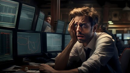 An intense moment captured as a trader reacts to sudden market movements, with expressions of tension and focus in a trading room. - obrazy, fototapety, plakaty