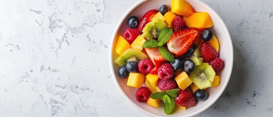Fresh mixed fruit salad served in a blue bowl on a sunlit table