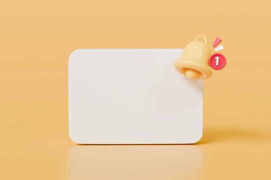 Reminder popup with bell notification alert icon symbol for application website ui . Empty reminder popup, push notification icon. isolated on yellow background. 3d rendering illustration.