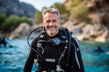 Portrait of happy male scuba diver smiling and looking at camera