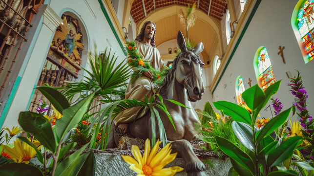 Statue of Jesus Christ sitting on a donkey and decorated with palm leaves, Ai Generated Images