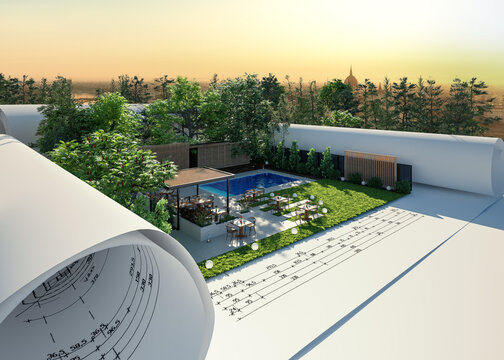 Entwurf eines Resorts mit Außengastronomie: Terrasse an einem Swimming Pool  - 3D Visualisierung