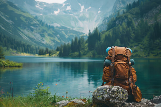Backpack on the mountain and lake background. Scenic nature on mountain nobody, travel photo, selective focus
